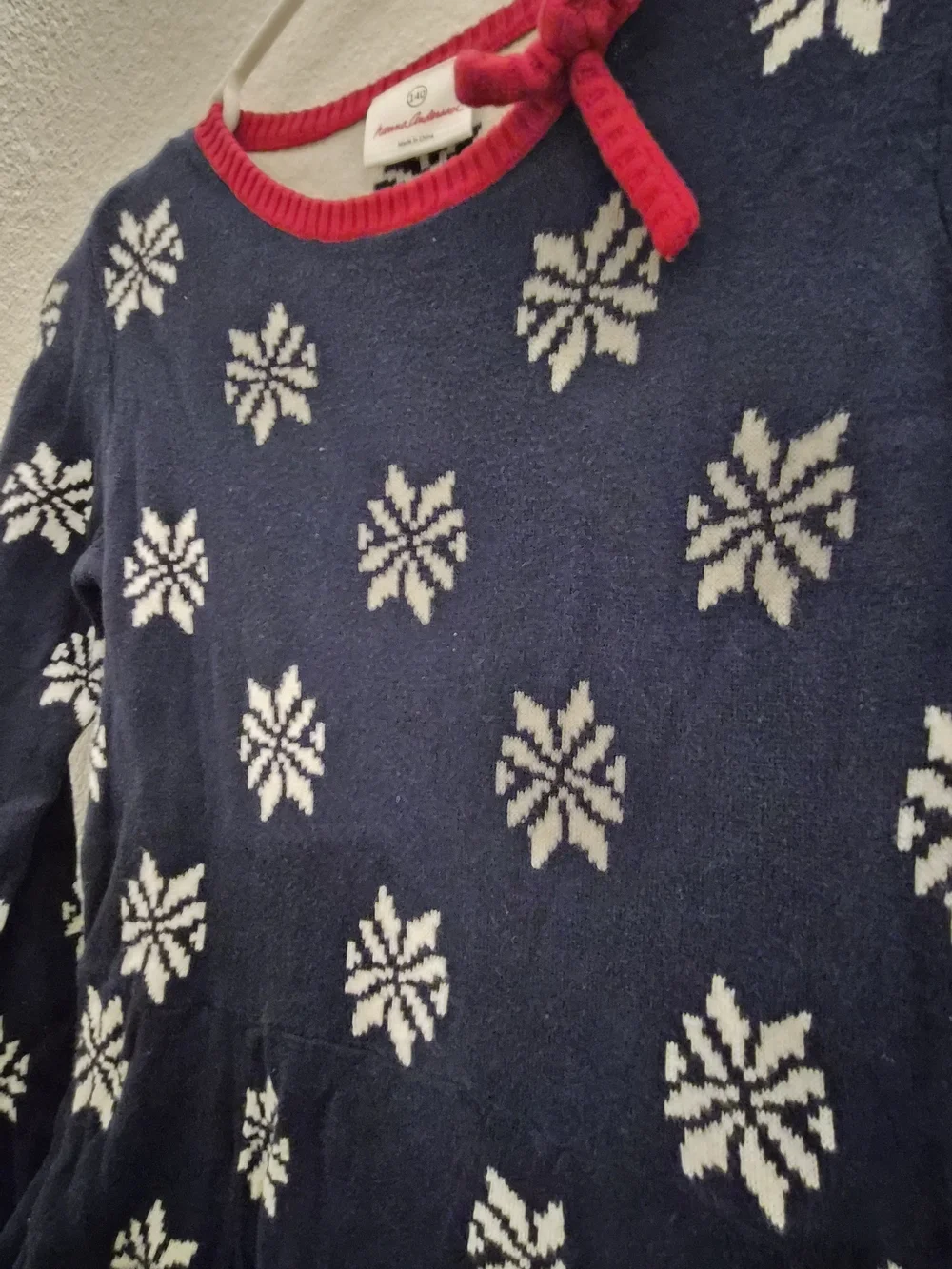 Girls' Navy Snowflake Knit Sweater Dress with Red Trim 140cm